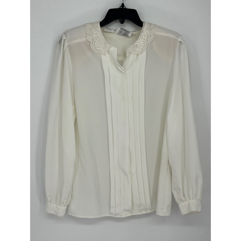 VTG Anne Klein for New Aspect Lace Collar Pleated Blouse Women 10 Cream Coquette
